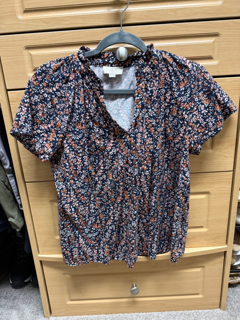 LOFT Navy Floral V-Neck Short Sleeve Blouse with Pink and Rust Accents